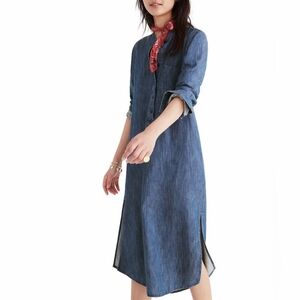 Madewell Long Sleeve Pull-over Denim Dress W/ Side Slits- High Low Midi